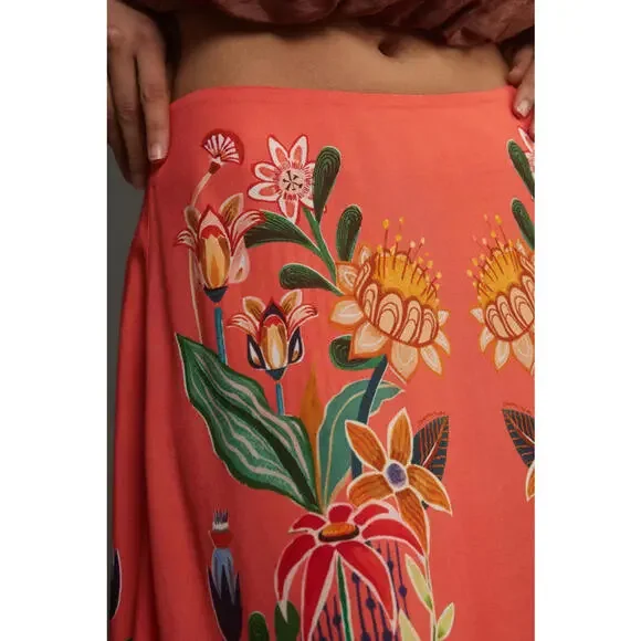 Farm Rio - Coral Floral Midi Skirt with Vibrant Print, Size M - Picture 3 of 10
